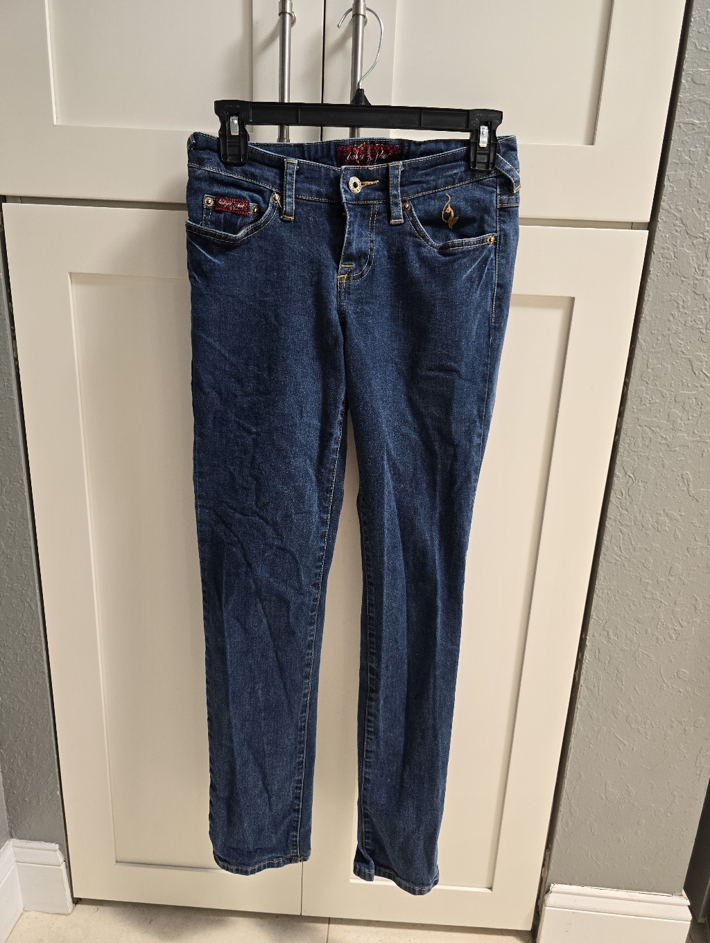 Vintage Baby Phat Dark Wash Skinny Jeans With Gold Embroidered Cat Logo - Size 3